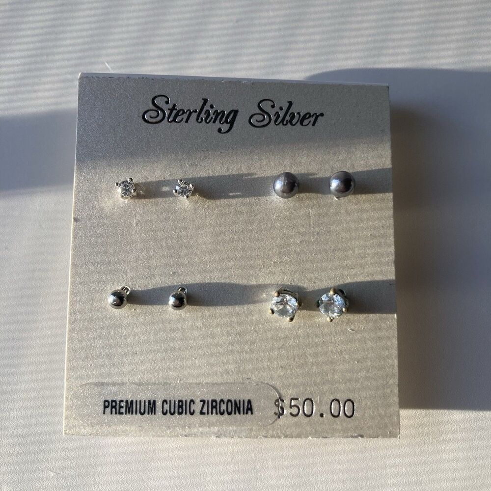 NEW! Sterling Silver 925 Stud Earrings Set Of 4 Cubic Zirconia Minimalist NOC